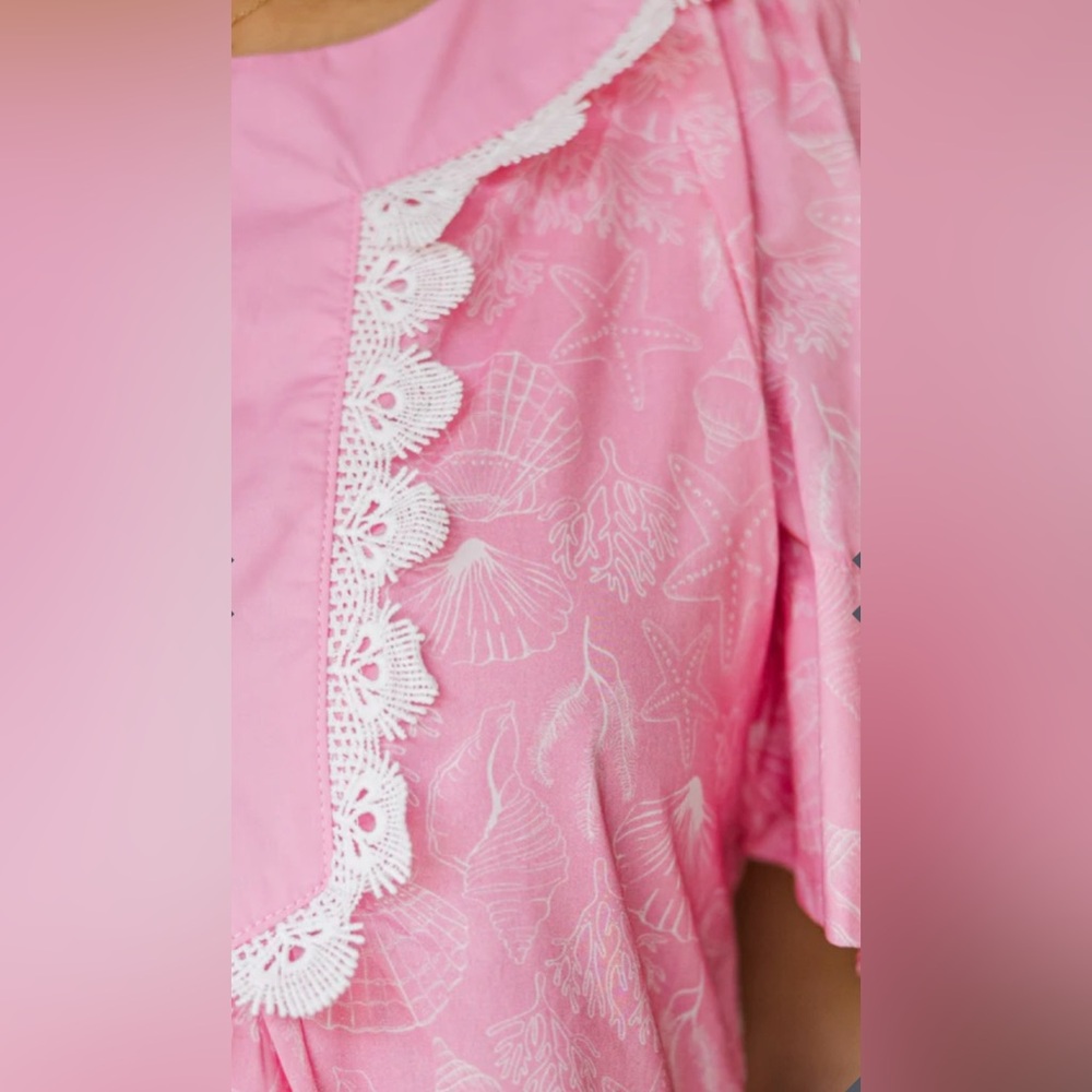 Mint Julep Boutique Pink White Ditzy Lacy Floral Cotton Dress Pockets Large NWT - Picture 5 of 10